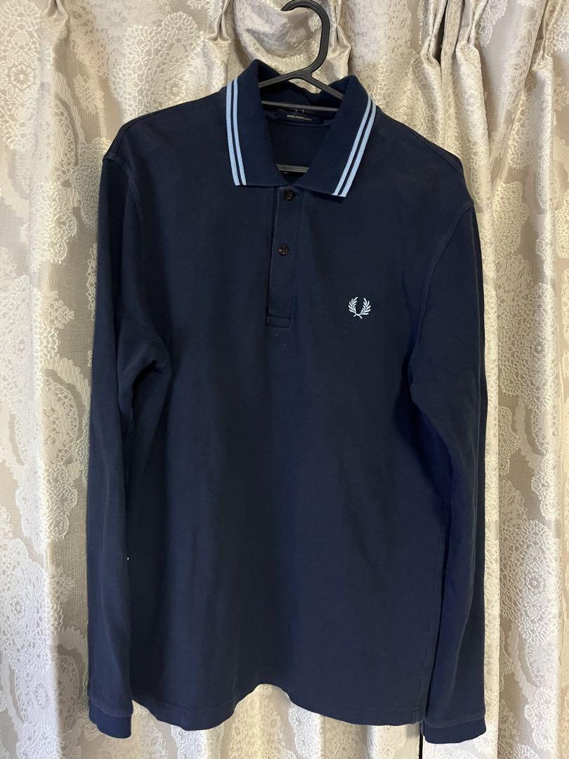 希少fred perry 長袖ポロシャツ ネイビー×ライトブルー Lサイズ