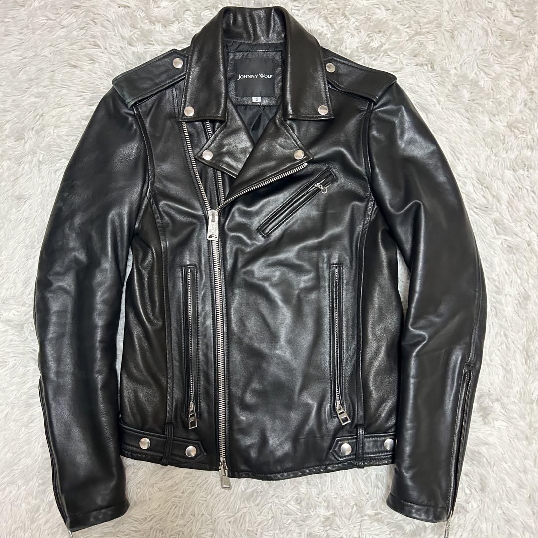 ジョニーウルフ ダブルライダースジャケット 羊革 ラム M IDEALジップ 黒